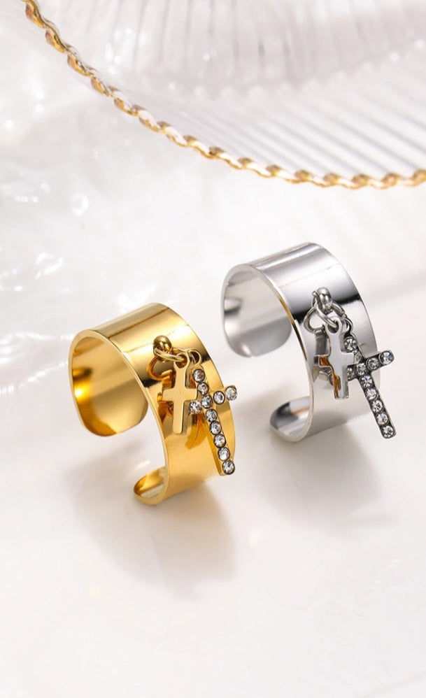 Bague double croix strass