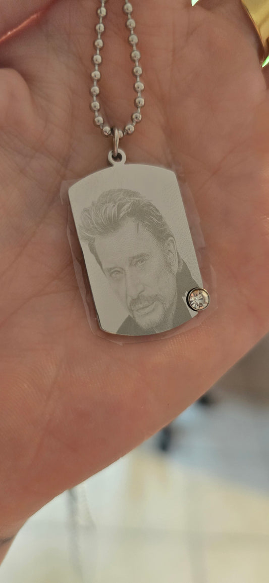 Collier a gravé avec photos texte , prénom , ou initiale.